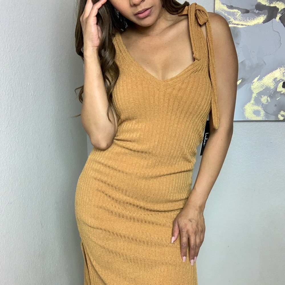 Mustard Yellow Tie Shoulder Ribbed Midi Dress